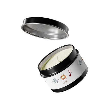 Bougie en boîte métallique — Bougie parfumée en boîte métallique symbole bohème soleil et musique