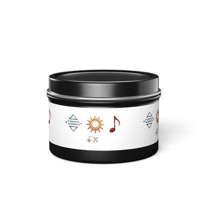 Bougie en boîte métallique — Bougie parfumée en boîte métallique symbole bohème soleil et musique