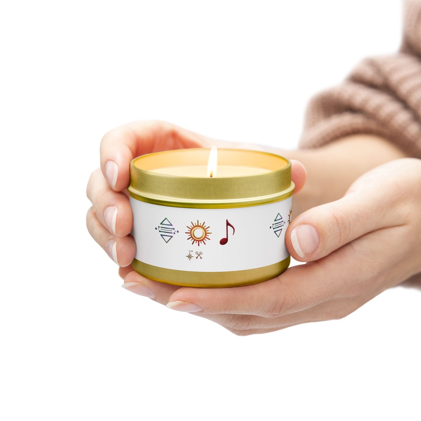 Bougie en boîte métallique — Bougie parfumée en boîte métallique symbole bohème soleil et musique