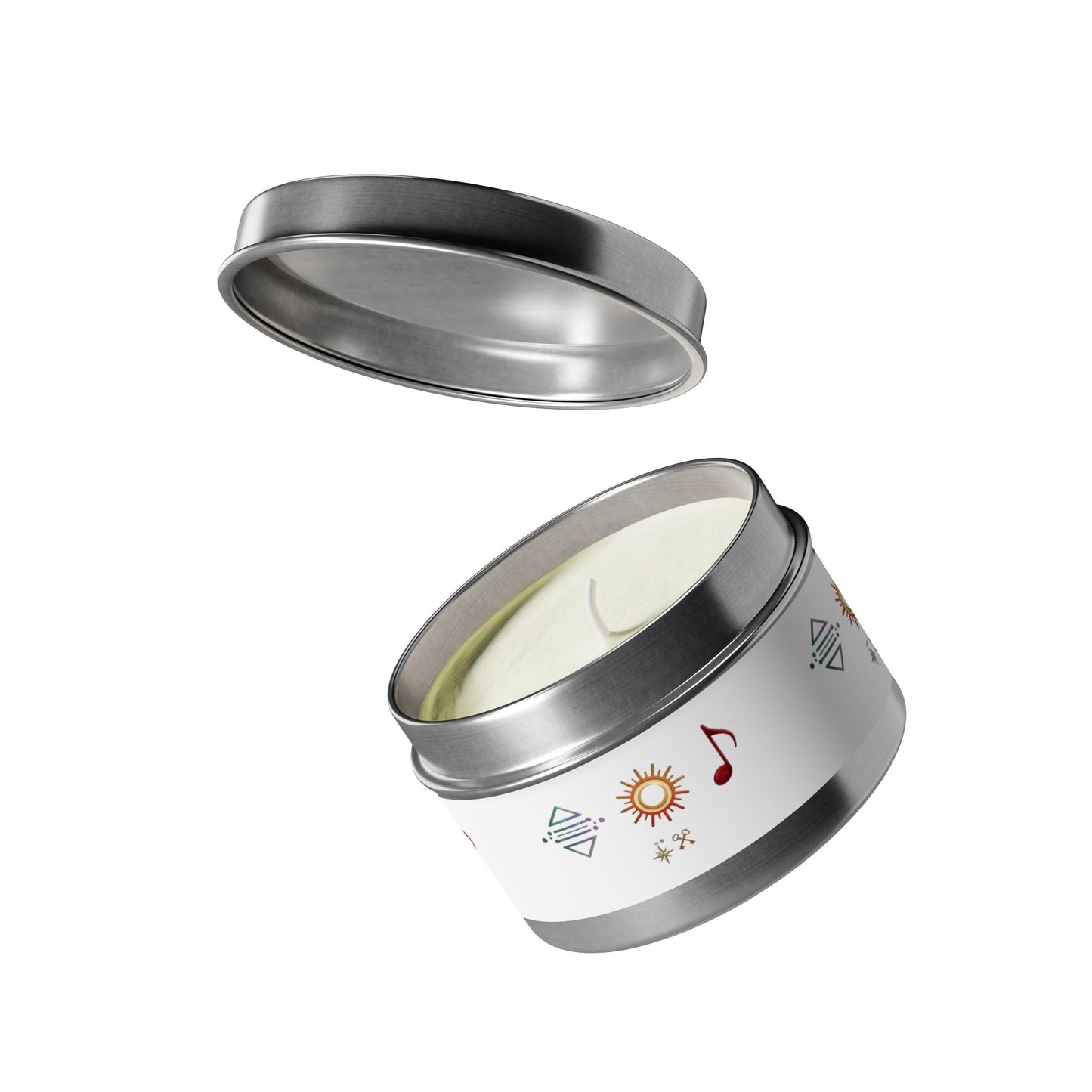 Bougie en boîte métallique — Bougie parfumée en boîte métallique symbole bohème soleil et musique