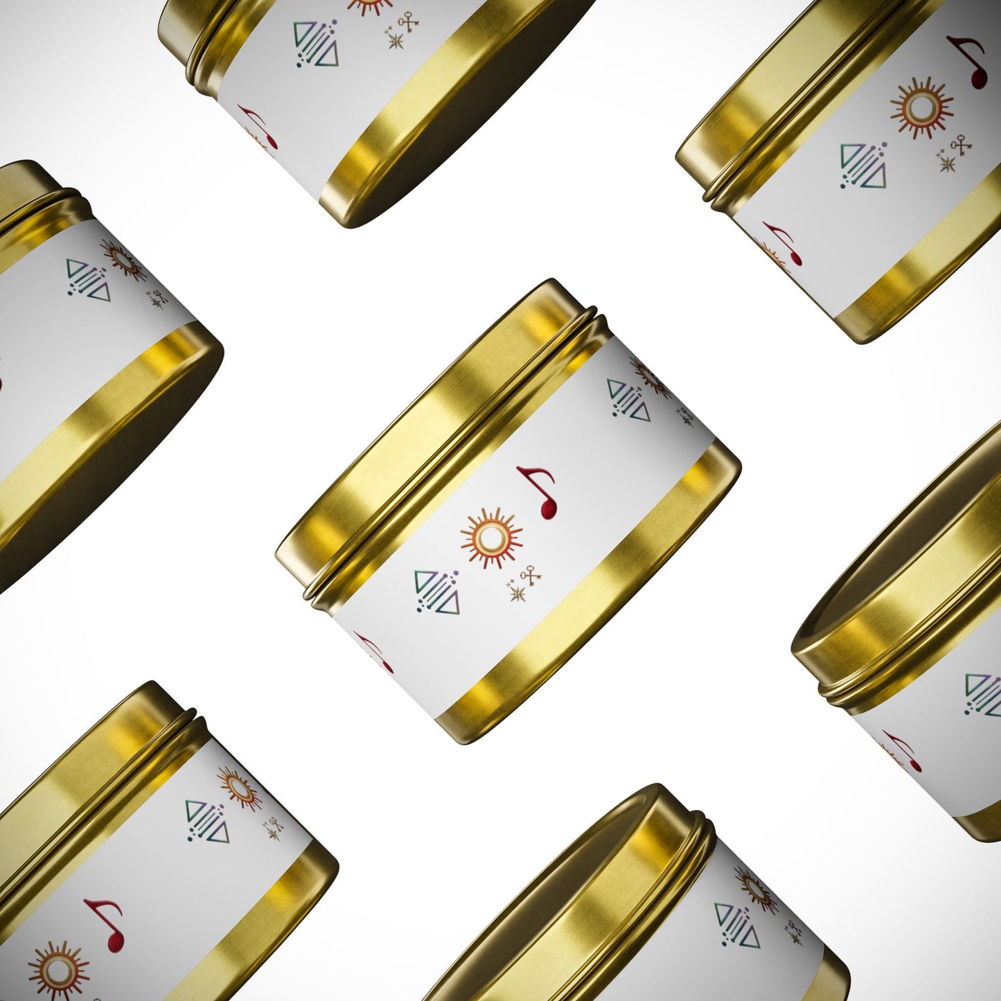 Bougie en boîte métallique — Bougie parfumée en boîte métallique symbole bohème soleil et musique