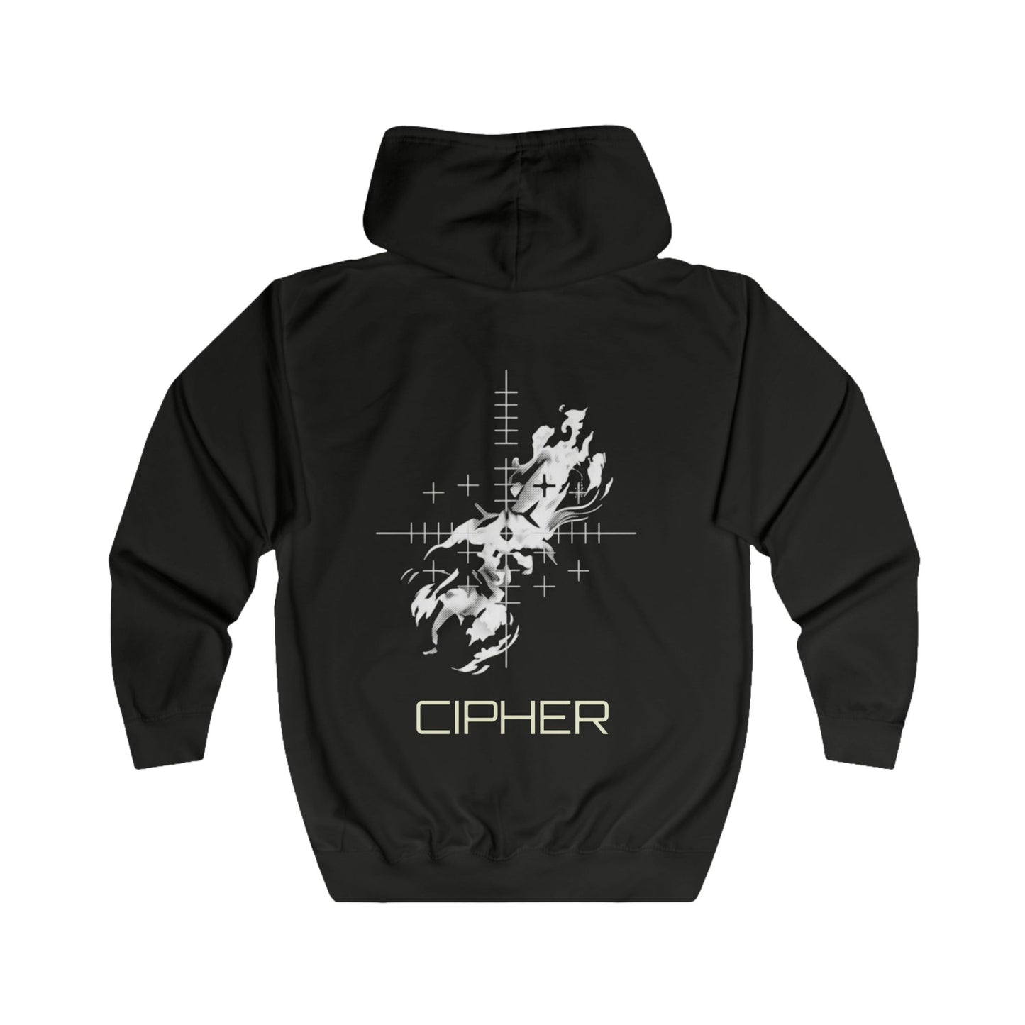 Sweat à capuche zippé Cipher Flame — Sweat à capuche noir graphique à fermeture éclair complète avec motif Cipher Flame au dos