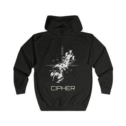 Sweat à capuche zippé Cipher Flame — Sweat à capuche noir graphique à fermeture éclair complète avec motif Cipher Flame au dos