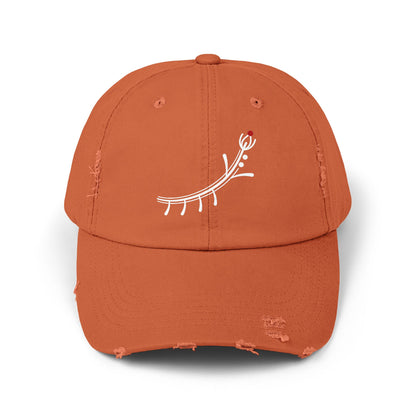 Distressed Black Cap with Minimal White Branch & Red Bud Embroidery