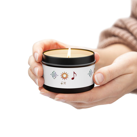 Bougie en boîte métallique — Bougie parfumée en boîte métallique symbole bohème soleil et musique
