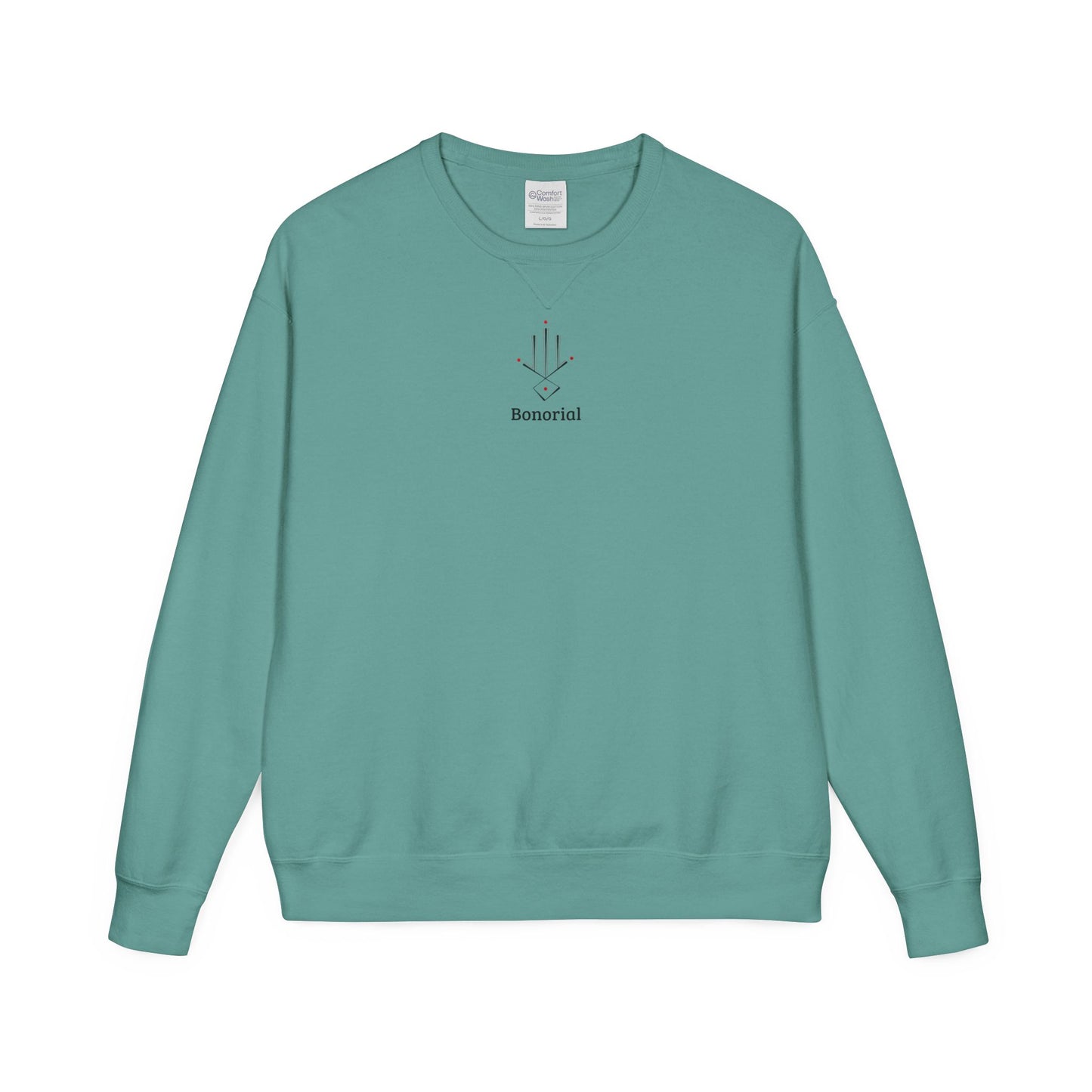 Minimal Geometric Crewneck Sweatshirt — Subtle Hand Symbol with Red Accents
