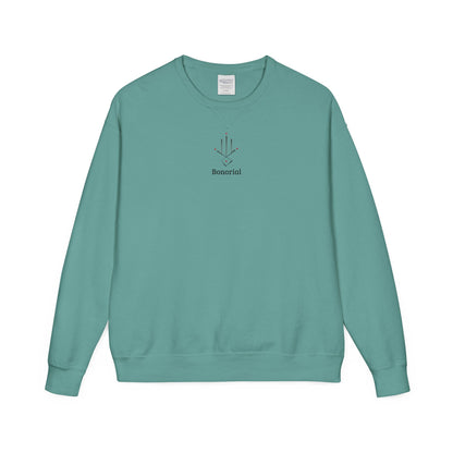 Minimal Geometric Crewneck Sweatshirt — Subtle Hand Symbol with Red Accents