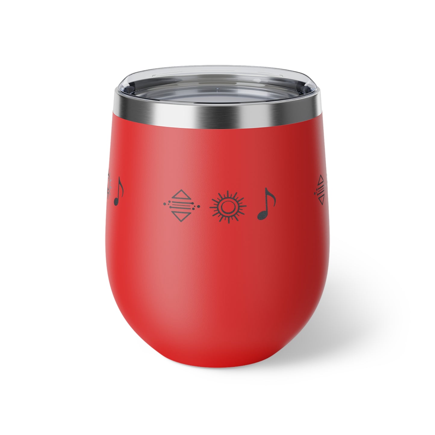 Gobelet à vin en cuivre isolé – gobelet de voyage rouge avec icônes de soleil et de note de musique, 12 oz