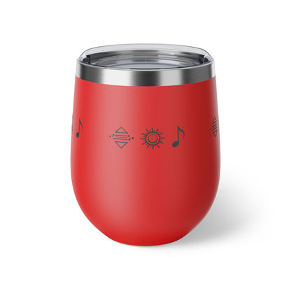 Gobelet à vin en cuivre isolé – gobelet de voyage rouge avec icônes de soleil et de note de musique, 12 oz