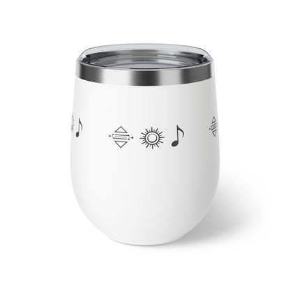 Gobelet à vin en cuivre isolé – gobelet de voyage rouge avec icônes de soleil et de note de musique, 12 oz