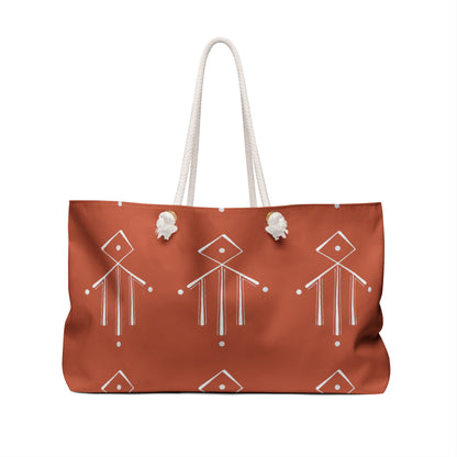 Boho Rust Geo Weekender Bag — Spacious Travel Tote with White Tribal Pattern