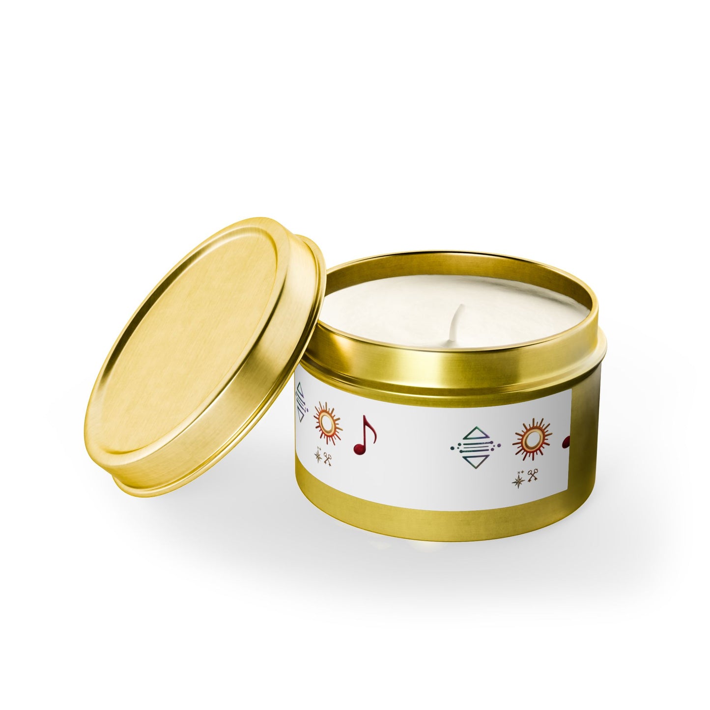 Bougie en boîte métallique — Bougie parfumée en boîte métallique symbole bohème soleil et musique
