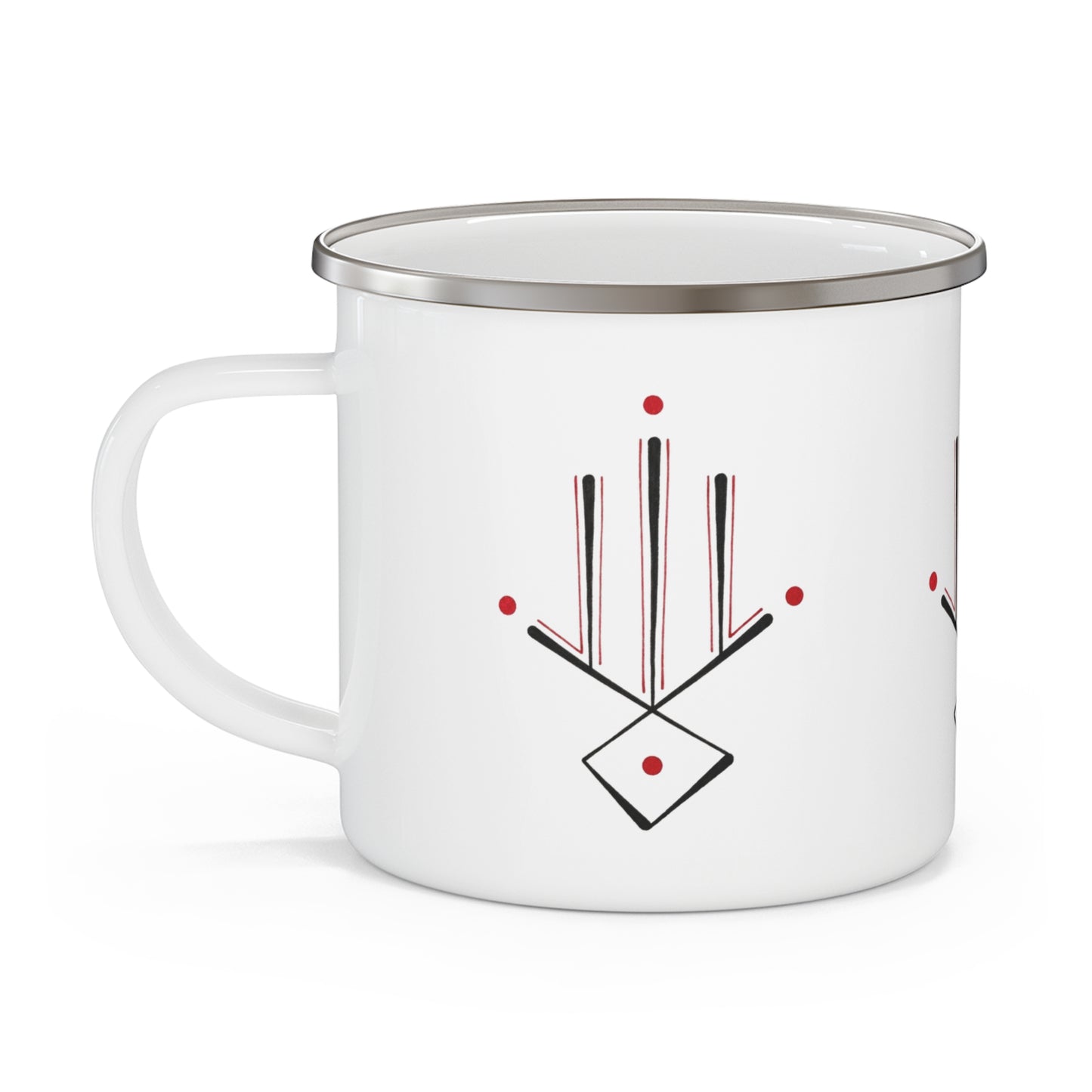 Enamel Mug — Minimalist Geometric Camping Cup with Red Dot Accent
