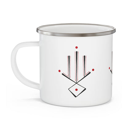 Enamel Mug — Minimalist Geometric Camping Cup with Red Dot Accent
