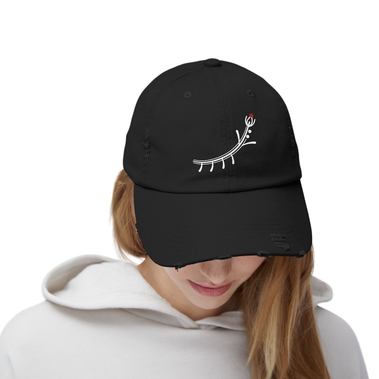 Distressed Black Cap with Minimal White Branch & Red Bud Embroidery