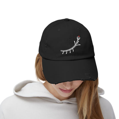 Distressed Black Cap with Minimal White Branch & Red Bud Embroidery