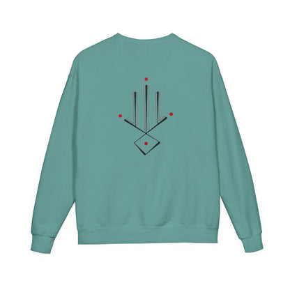 Minimal Geometric Crewneck Sweatshirt — Subtle Hand Symbol with Red Accents