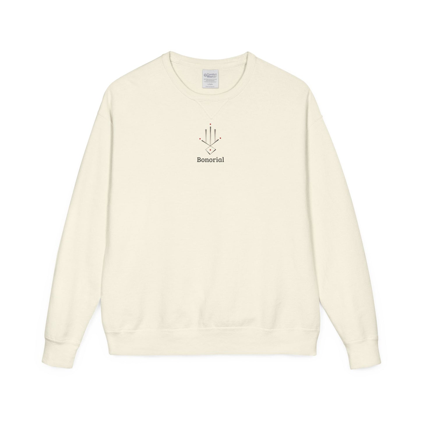 Minimal Geometric Crewneck Sweatshirt — Subtle Hand Symbol with Red Accents