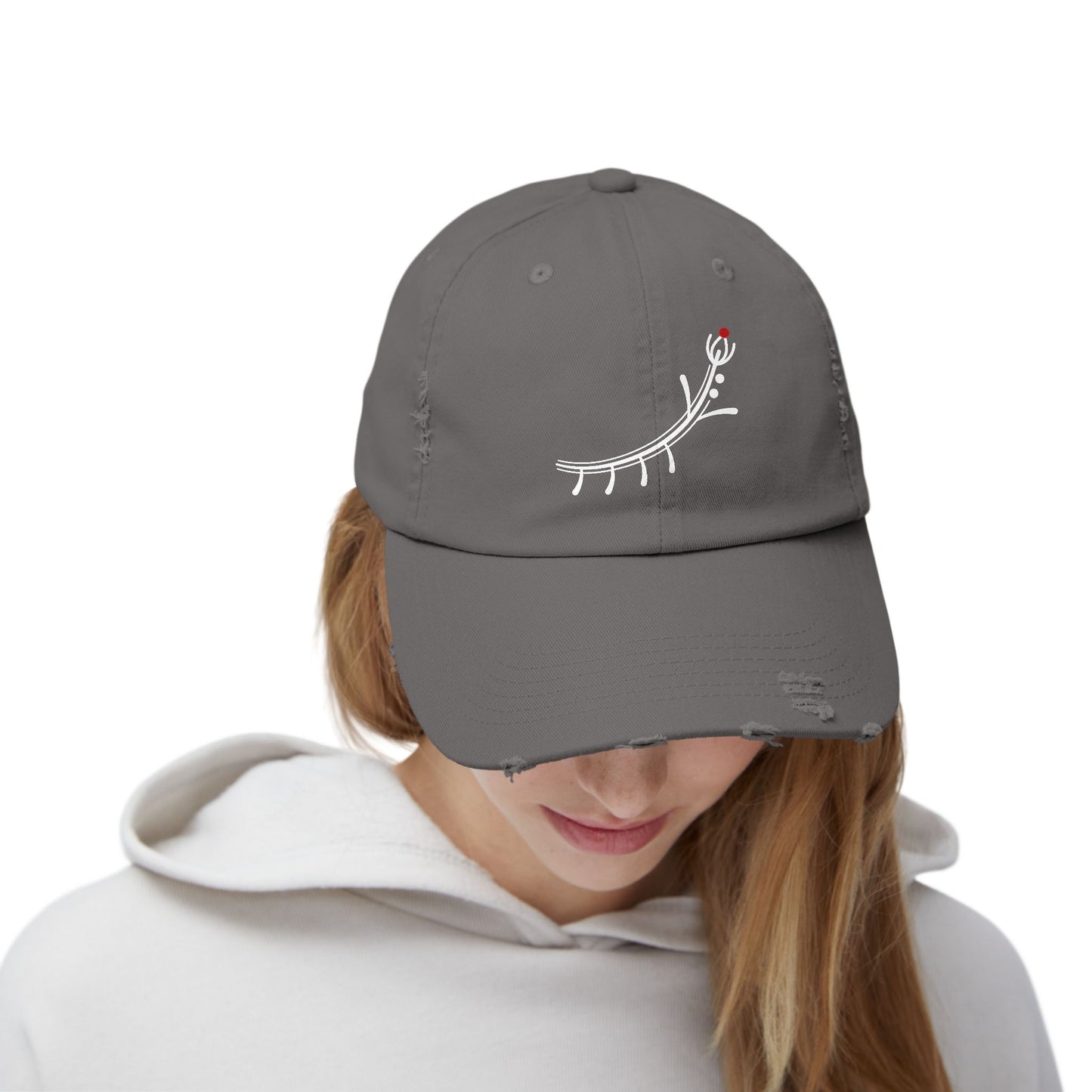 Distressed Black Cap with Minimal White Branch & Red Bud Embroidery