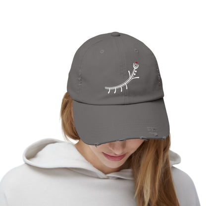Distressed Black Cap with Minimal White Branch & Red Bud Embroidery