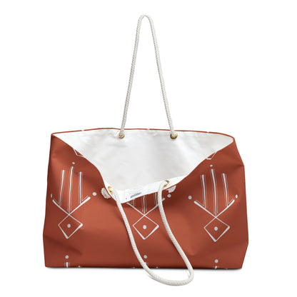 Boho Rust Geo Weekender Bag — Spacious Travel Tote with White Tribal Pattern