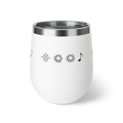 Gobelet à vin en cuivre isolé – gobelet de voyage rouge avec icônes de soleil et de note de musique, 12 oz