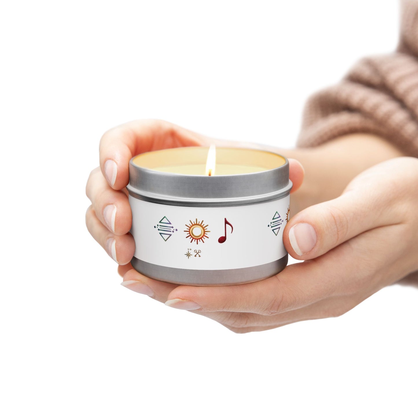 Bougie en boîte métallique — Bougie parfumée en boîte métallique symbole bohème soleil et musique