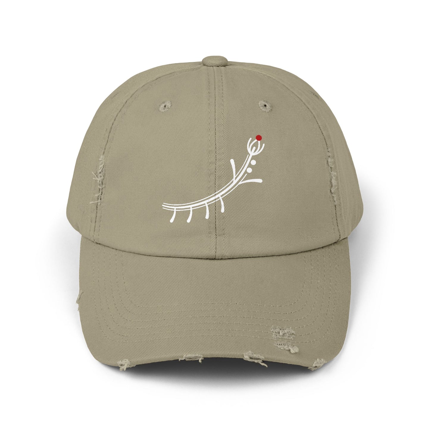 Distressed Black Cap with Minimal White Branch & Red Bud Embroidery