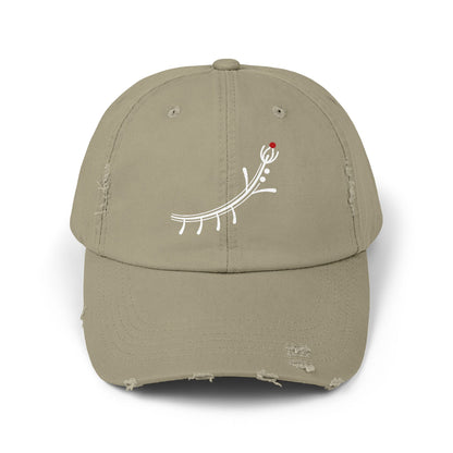 Distressed Black Cap with Minimal White Branch & Red Bud Embroidery