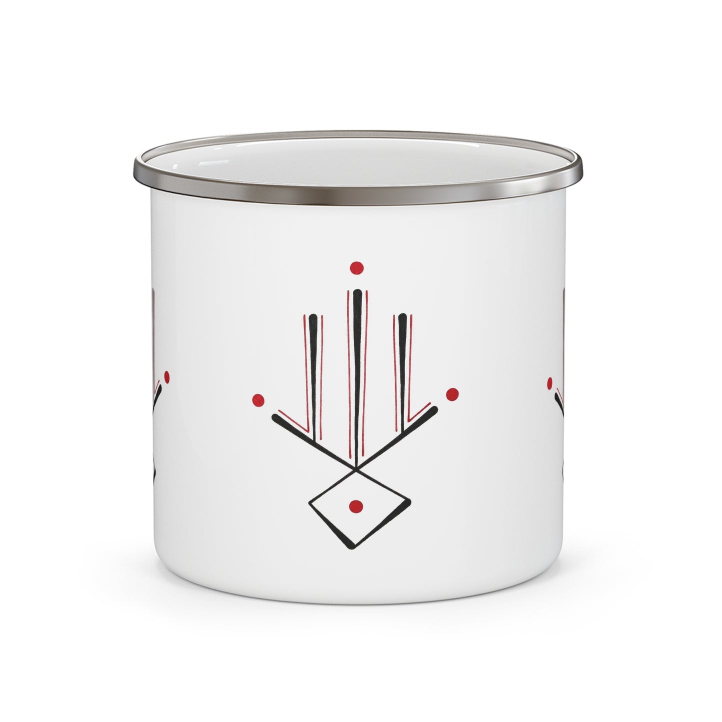 Enamel Mug — Minimalist Geometric Camping Cup with Red Dot Accent