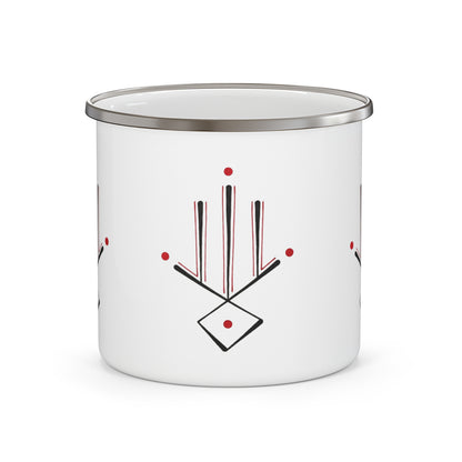 Enamel Mug — Minimalist Geometric Camping Cup with Red Dot Accent