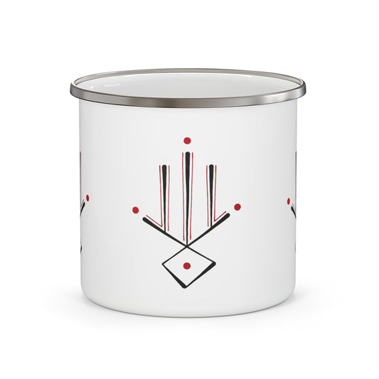 Enamel Mug — Minimalist Geometric Camping Cup with Red Dot Accent