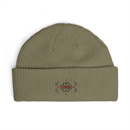 Embroidered Geometric Cuff Beanie — Minimal Boho Knit Hat