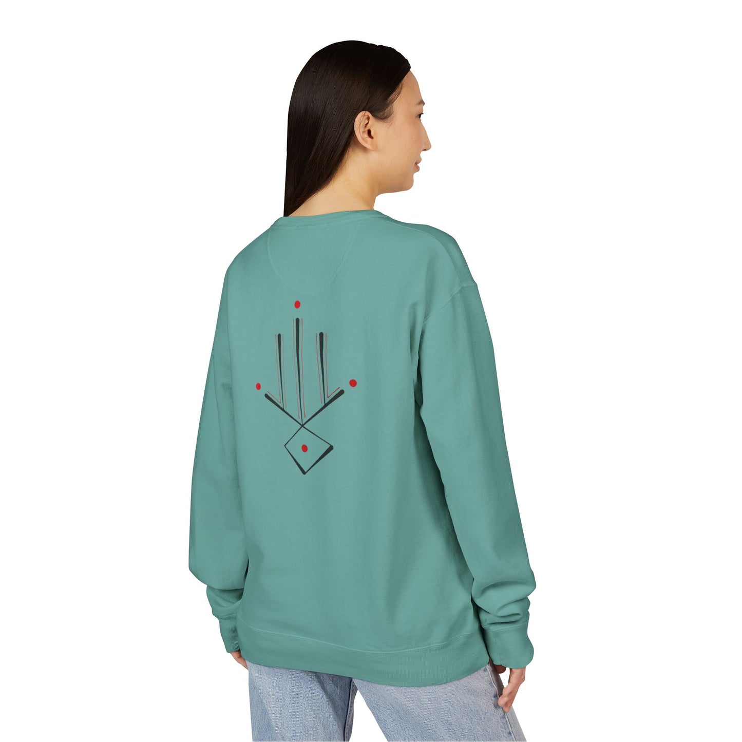 Minimal Geometric Crewneck Sweatshirt — Subtle Hand Symbol with Red Accents
