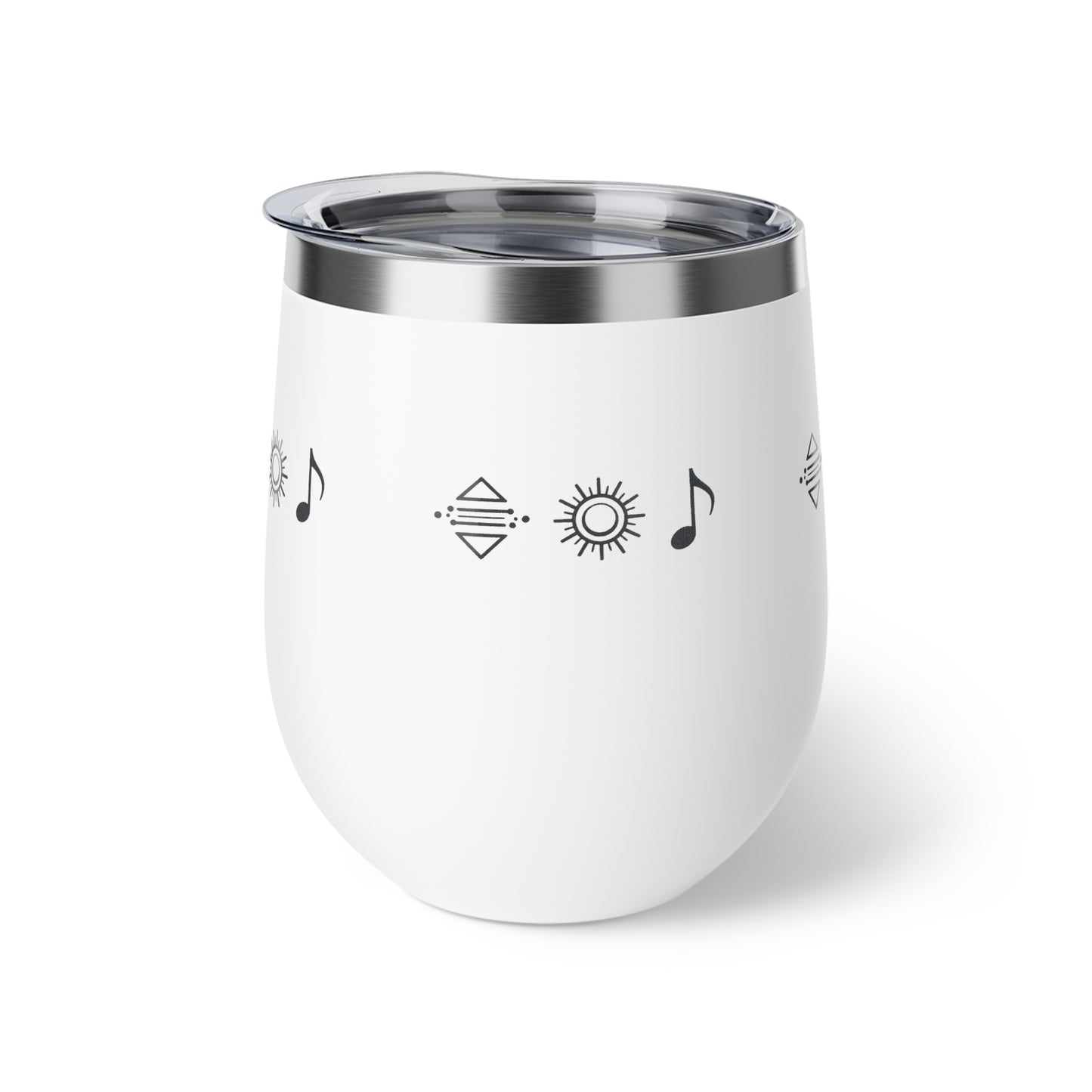 Gobelet à vin en cuivre isolé – gobelet de voyage rouge avec icônes de soleil et de note de musique, 12 oz