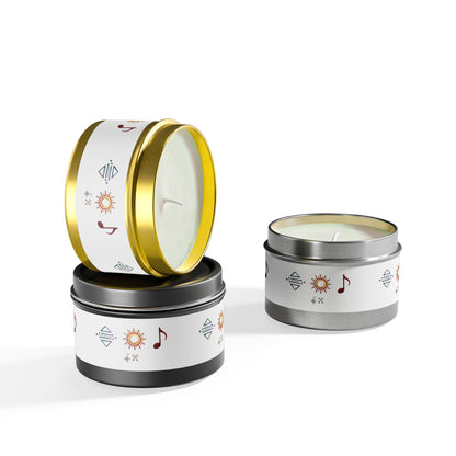 Bougie en boîte métallique — Bougie parfumée en boîte métallique symbole bohème soleil et musique