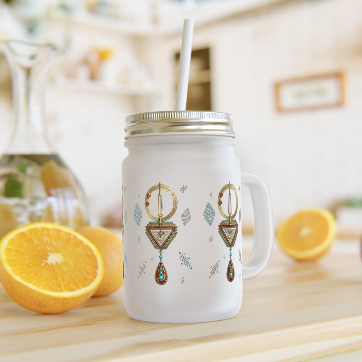 Mason Jar Tumbler bohème géométrique — design de gouttes dorées, mug avec paille réutilisable