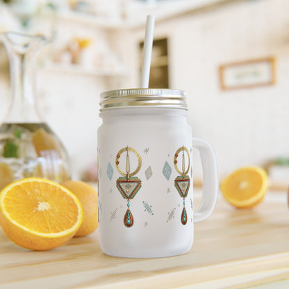 Mason Jar Tumbler bohème géométrique — design de gouttes dorées, mug avec paille réutilisable