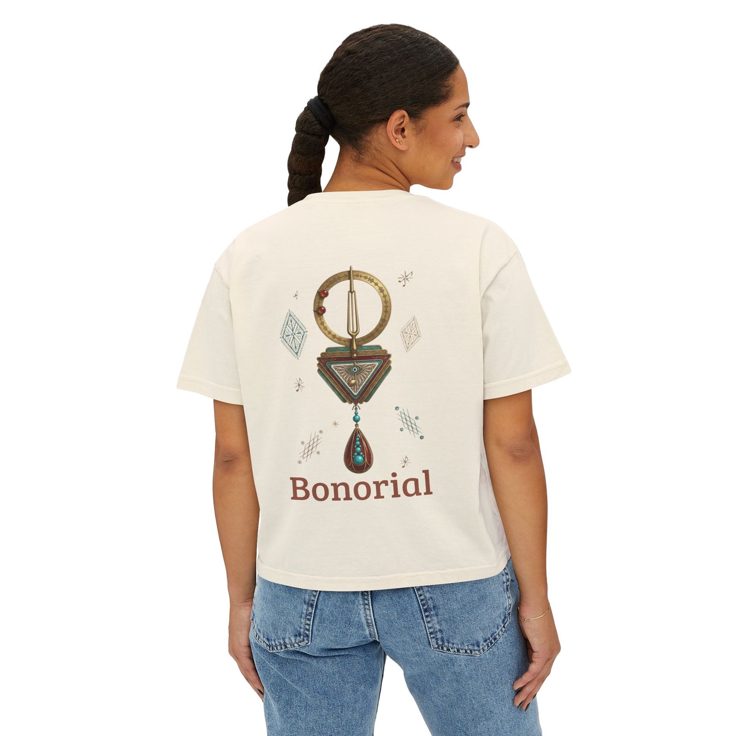 Bonorial Boho t-shirt graphique coupe boxy — haut court décontracté pour femme