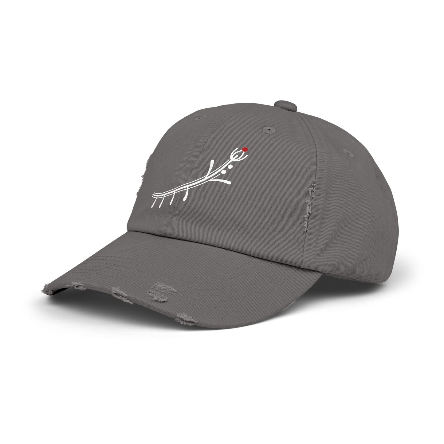 Distressed Black Cap with Minimal White Branch & Red Bud Embroidery