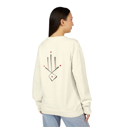 Minimal Geometric Crewneck Sweatshirt — Subtle Hand Symbol with Red Accents