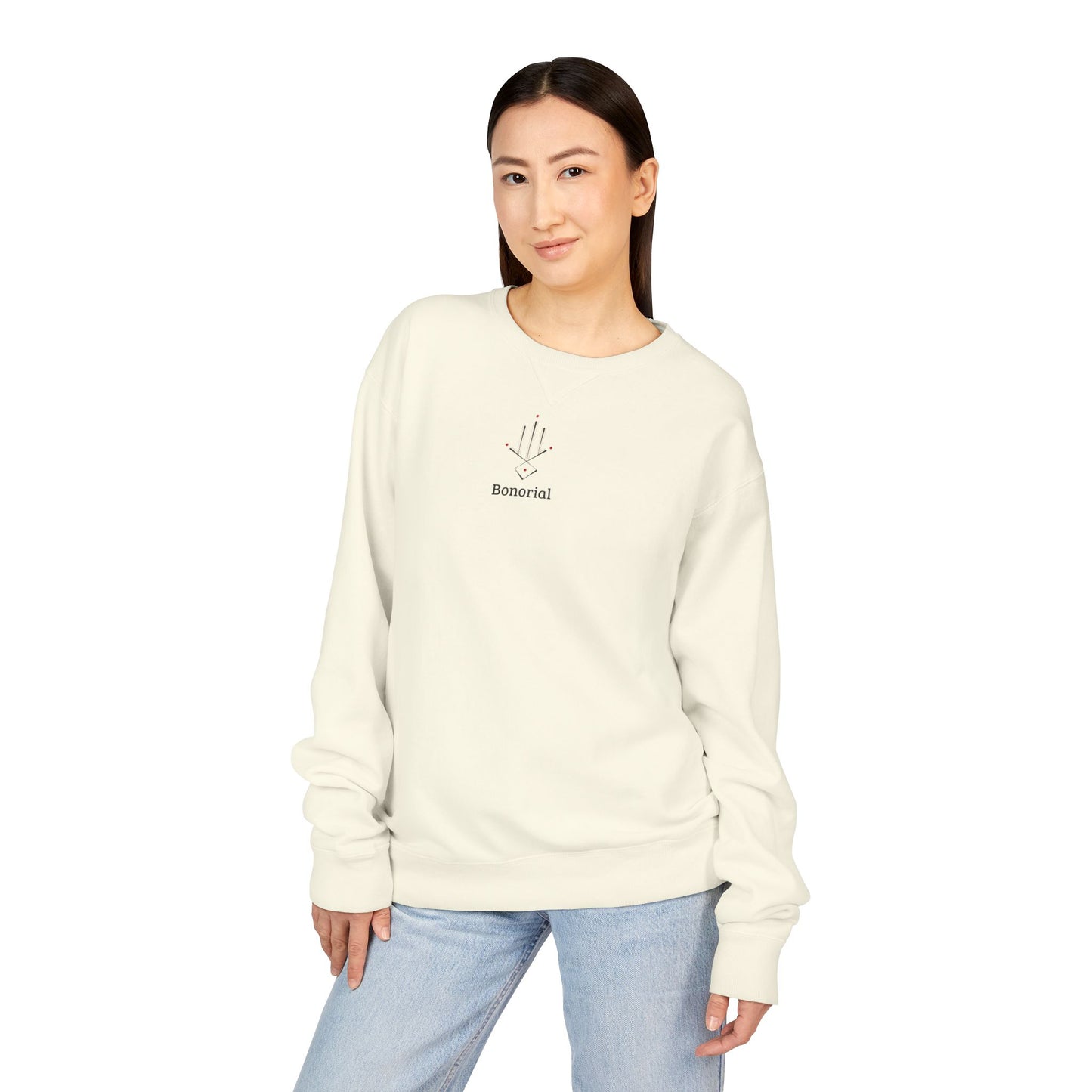 Minimal Geometric Crewneck Sweatshirt — Subtle Hand Symbol with Red Accents