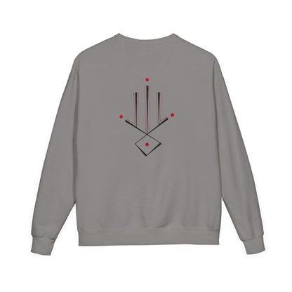 Minimal Geometric Crewneck Sweatshirt — Subtle Hand Symbol with Red Accents