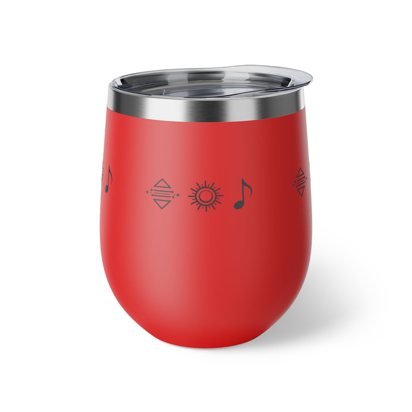 Gobelet à vin en cuivre isolé – gobelet de voyage rouge avec icônes de soleil et de note de musique, 12 oz