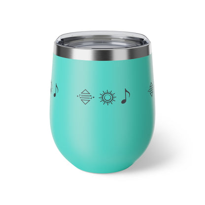 Gobelet à vin en cuivre isolé – gobelet de voyage rouge avec icônes de soleil et de note de musique, 12 oz