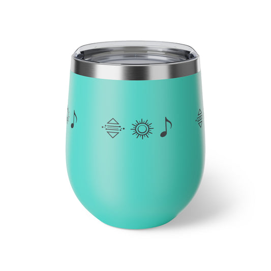 Gobelet à vin en cuivre isolé – gobelet de voyage rouge avec icônes de soleil et de note de musique, 12 oz