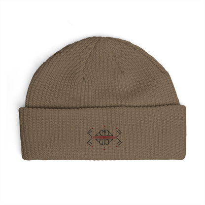 Embroidered Geometric Cuff Beanie — Minimal Boho Knit Hat