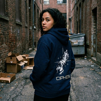 Sweat à capuche zippé Cipher Flame — Sweat à capuche noir graphique à fermeture éclair complète avec motif Cipher Flame au dos