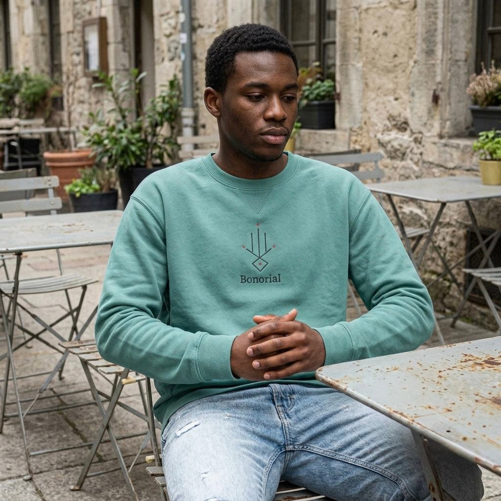 Minimal Geometric Crewneck Sweatshirt — Subtle Hand Symbol with Red Accents
