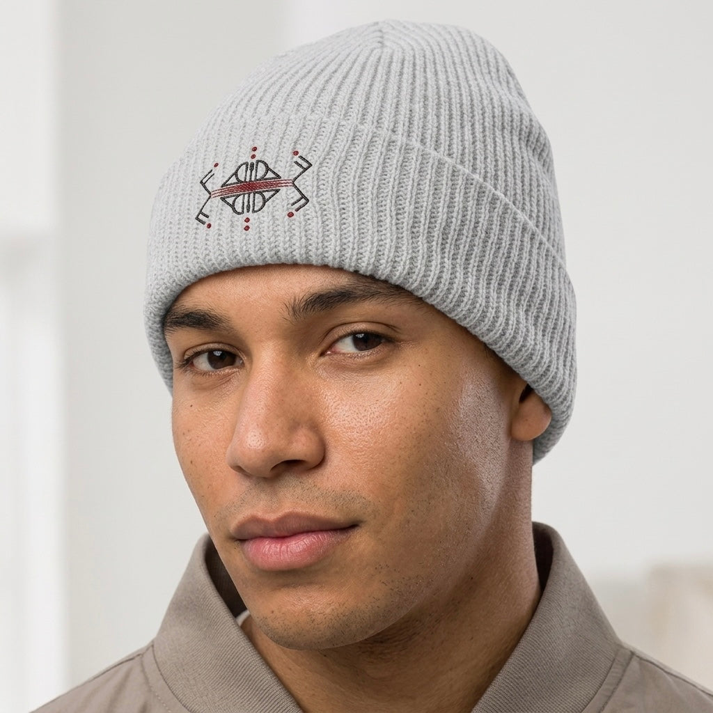Embroidered Geometric Cuff Beanie — Minimal Boho Knit Hat